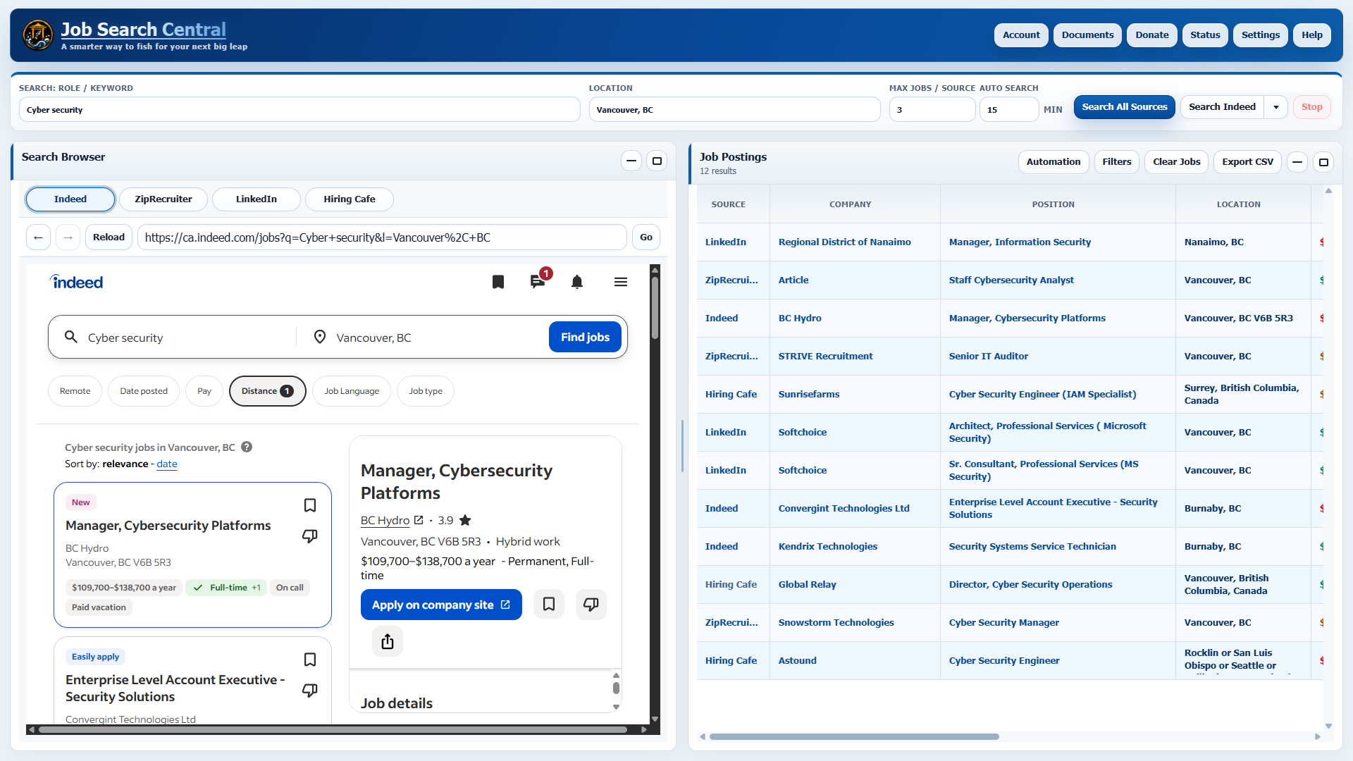 Job Search Central search workspace with role and location controls